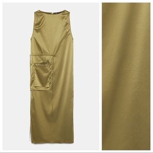 NWT. Zara Light Khaki/Olive Satin Effect Dress. Size S